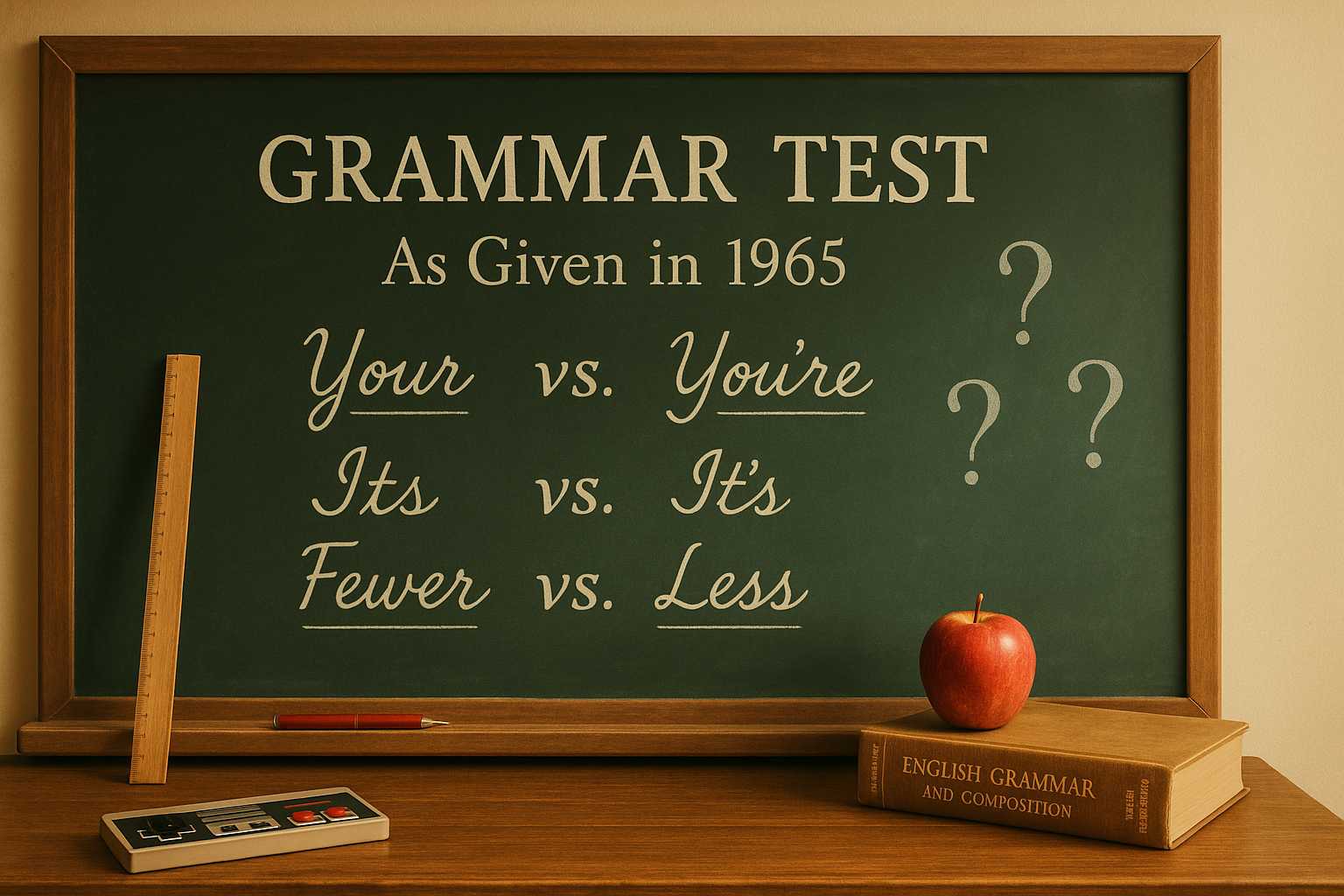 Vintage classroom with grammar rules on chalkboard