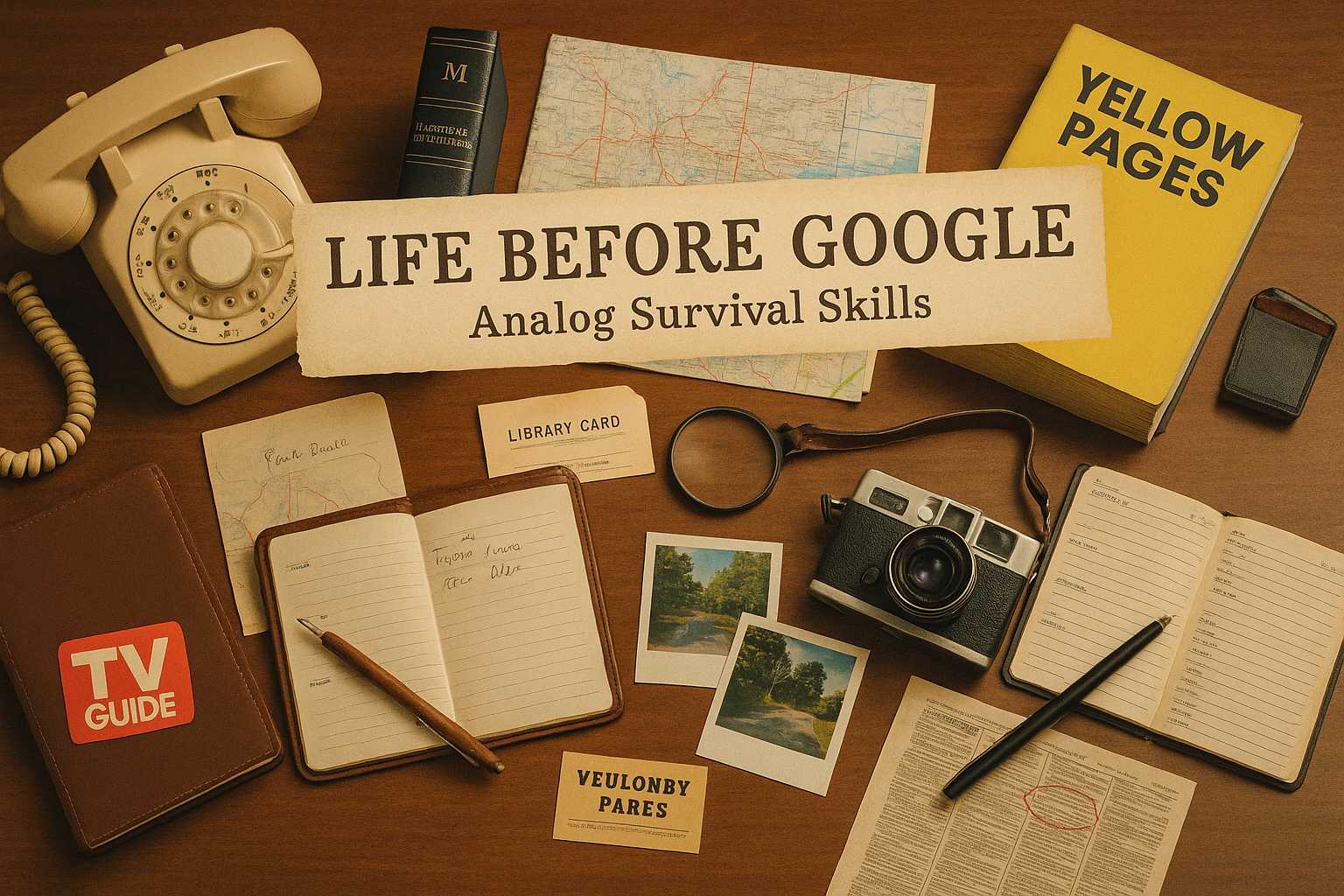 Rotary phone, encyclopedia, and paper map