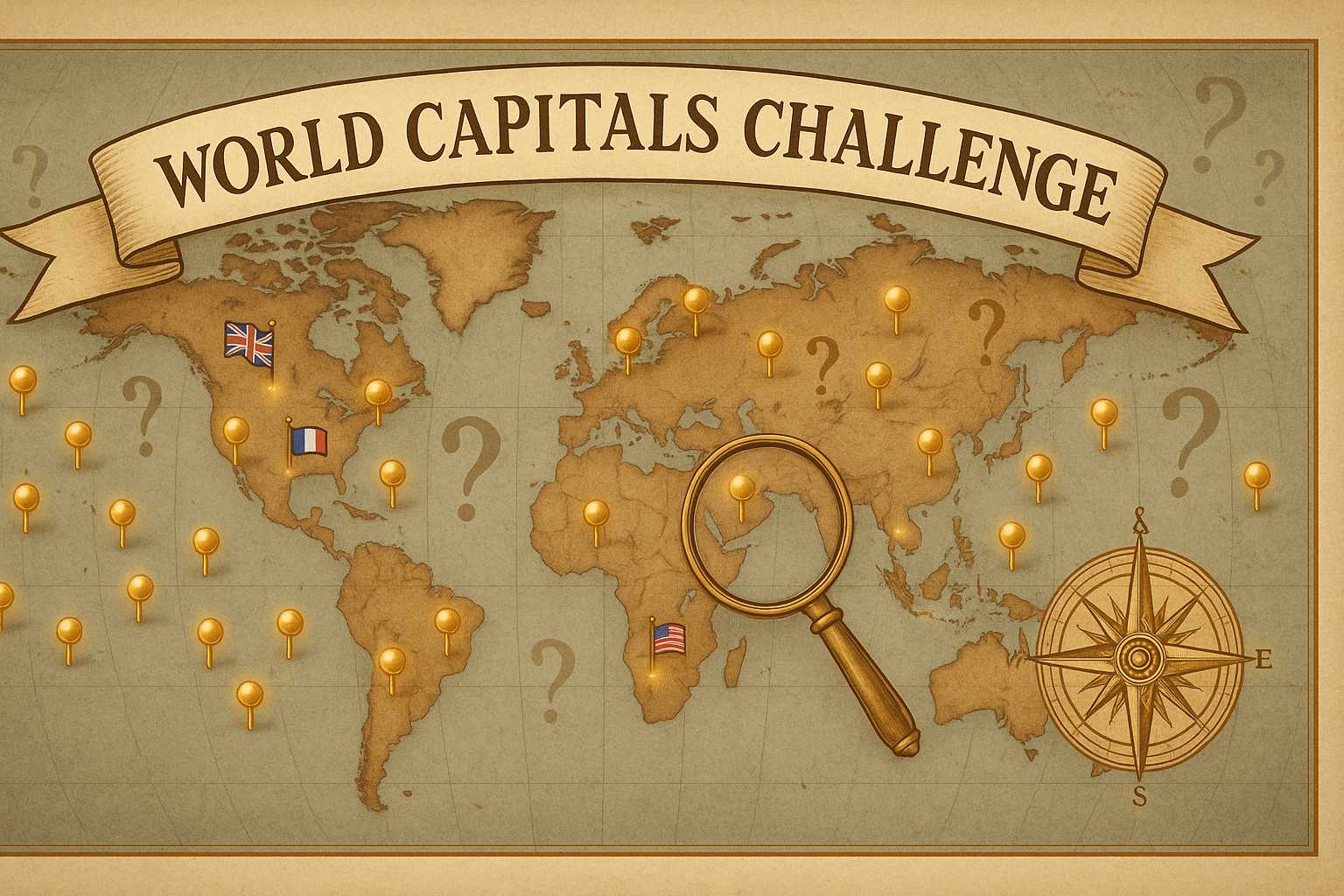 World map with capital city pins
